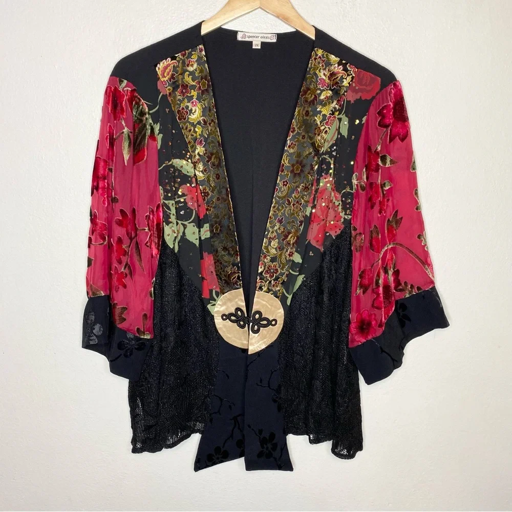 Spencer Alexis Red Black Floral Sheer Sleeve Velvet Detail Kimono Lace Size 2X - Picture 1 of 13